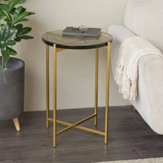 24" Metal X-Shaped Accent Table with Textured Glass Tabletop Gold {7}