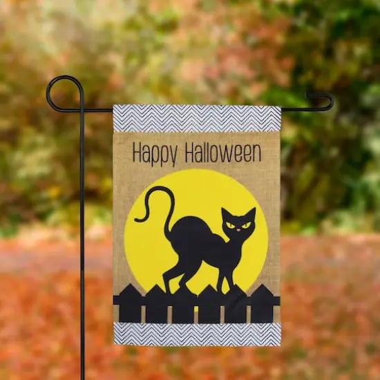 18" x 12.5" Black Cat Happy Halloween Outdoor Garden Flag {1}