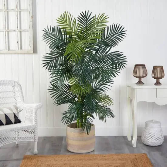 6.5ft. Golden Cane Artificial Palm Tree in Handmade Natural Cotton Multicolored Woven Planter {4}
