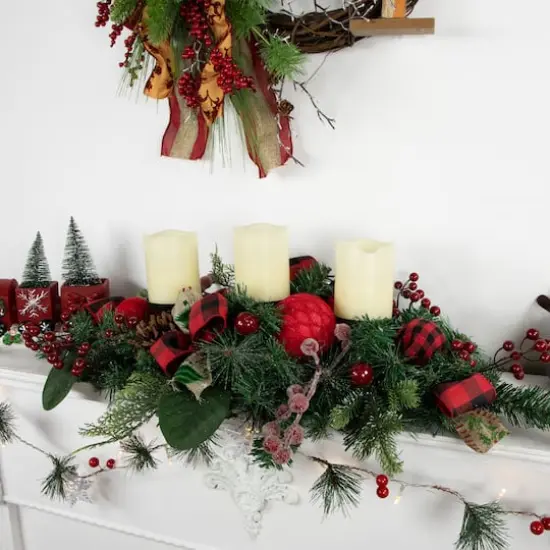 30" Green Pine Triple Candle Holder With Bows & Plaid Christmas Ornaments {6}