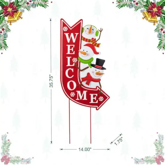 Glitzhome&reg; 35.75" Metal Christmas Snowmen Arrow Welcome Yard Stake {9}