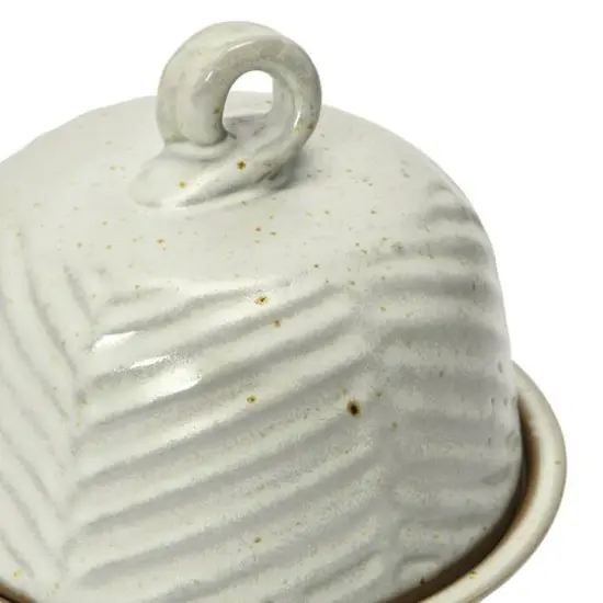 Hello Honey&reg; 6" Embossed White Reactive Glaze Domed Stoneware Dish with Handle {4}