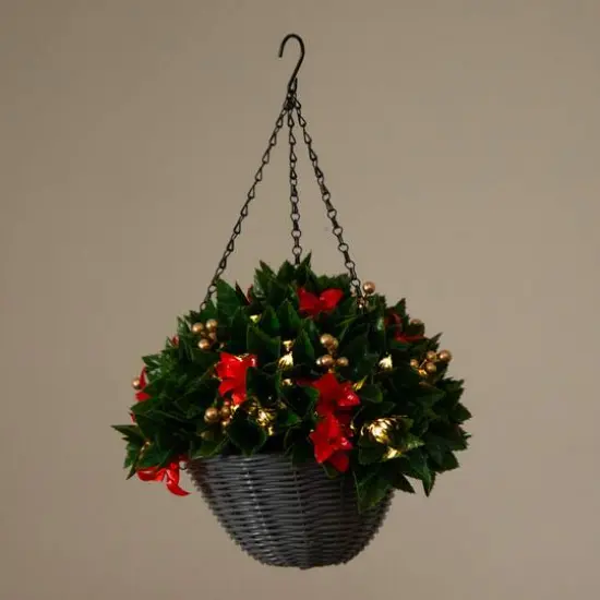 24in. Pre-Lit UV Resistant Artificial Red Tip Photinia & Gold Berries Christmas Hanging Basket with 34 Warm White LED Lights (Indoor/Outdoor) {4}