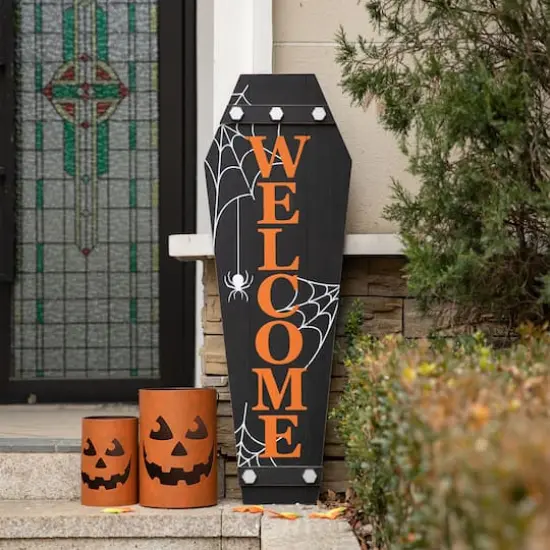 Glitzhome&reg; 42" Halloween Wooden Welcome Coffin Porch D&eacute;cor {3}