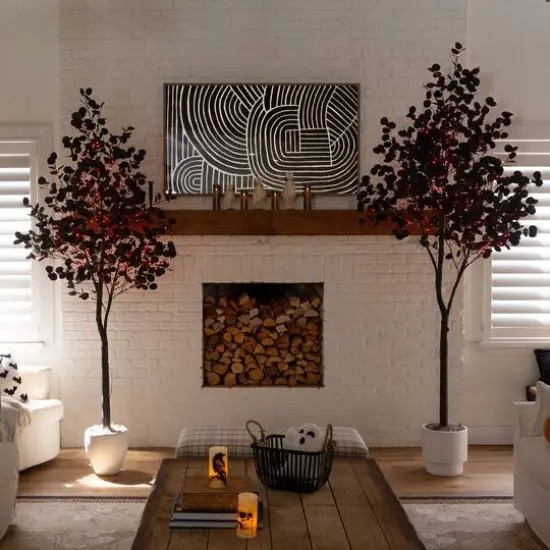 8ft. Pre-Lit Artificial Halloween Black Eucalyptus Tree with 540 Orange & Purple LED Lights {12}