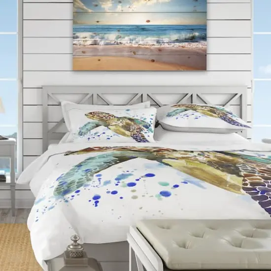 Designart Blue Sea Turtle Illustration Nautical & Coastal Duvet Cover Set {7}