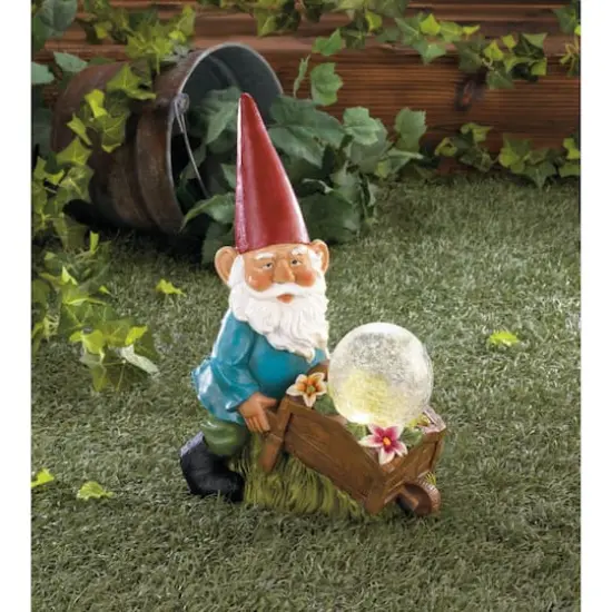 11.75" Gnome with Wheel Barrow Solar Statue {4}