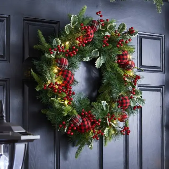Glitzhome&reg; 24" Pre-Lit Ornament, Berry, Holly & Pine Wreath {5}