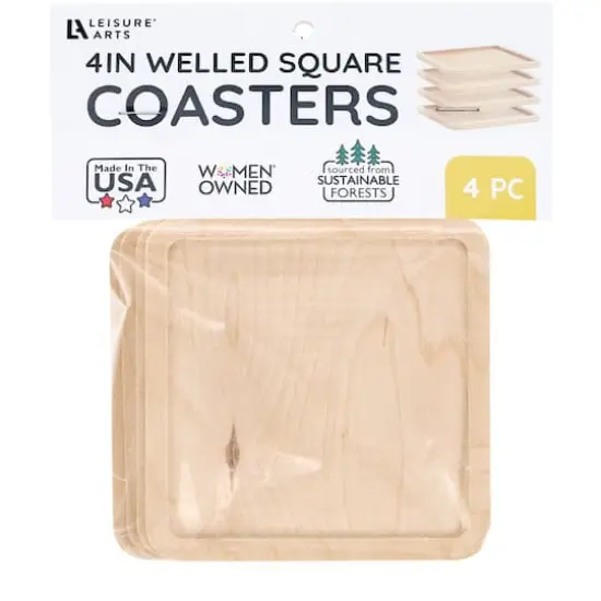 Leisure Arts&reg; 4" Square Welled Wood Coaster Set {1}