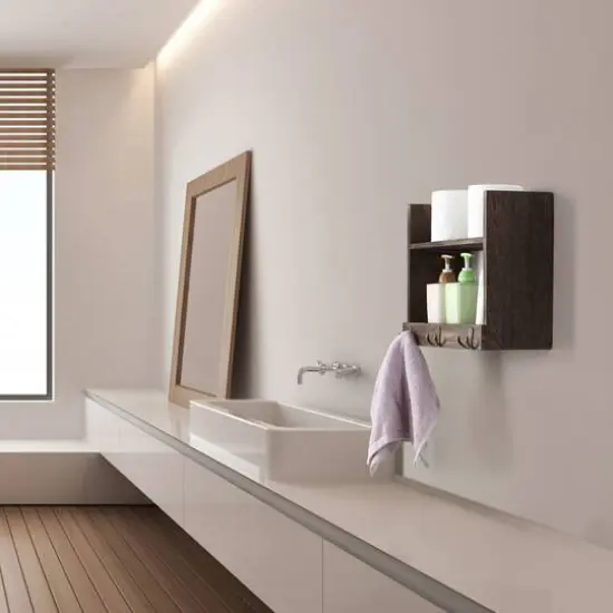 Rustic Wood Floating Storage Shelf with 3 Hooks Brown {5}