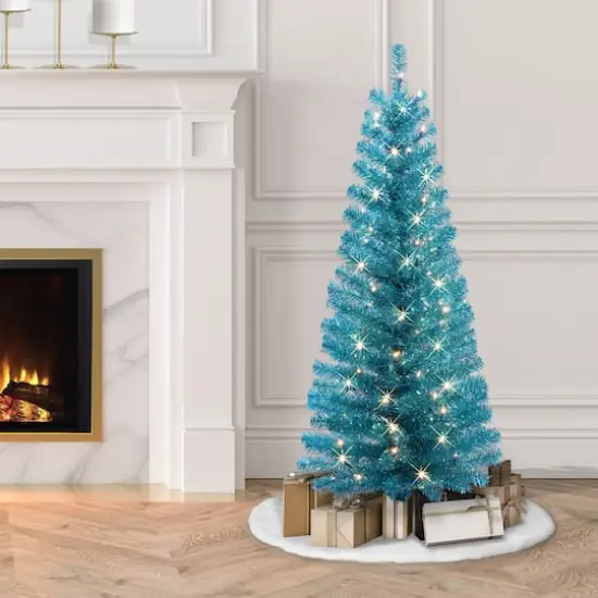 4.5ft. Pre-Lit Teal Tinsel Artificial Tree, Clear Lights {3}