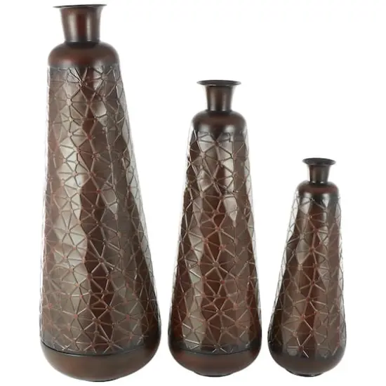 Dark Brown Hammered Texture Metal Vase Set {1}