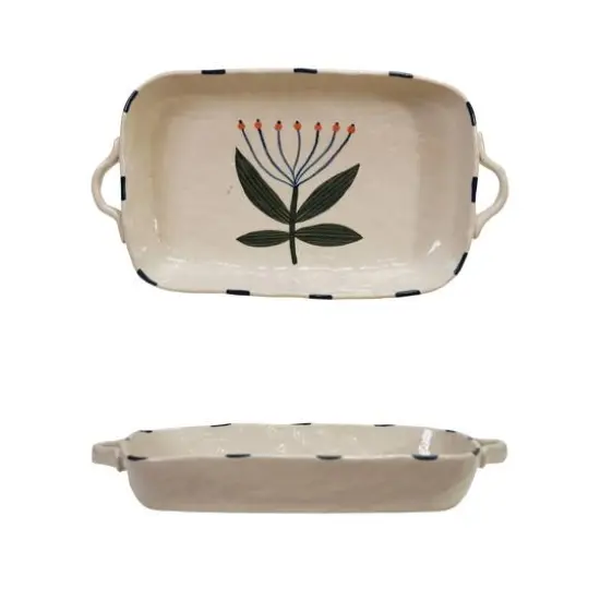 Hello Honey 1-Quart Hand-Painted Stoneware Organic Shaped Baker with Handles and Flower, Multicolor {1}