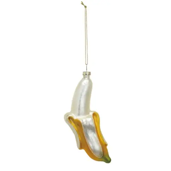 Hello Honey® 5.5" Yellow & Cream Glass Peeled Banana Ornament with Glitter {1}
