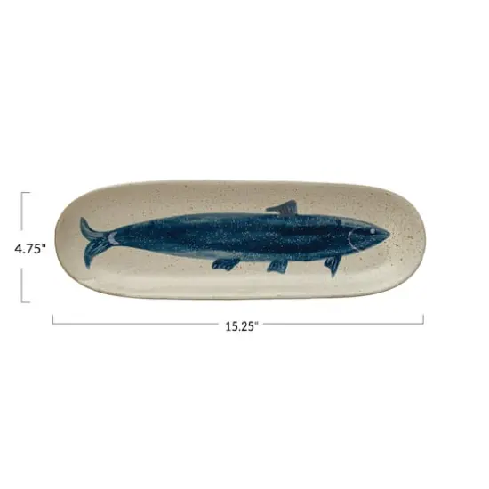 Hello Honey&reg; 15.2" Antique White & Blue Hand Painted Fish Farmhouse Stoneware Platter {1}