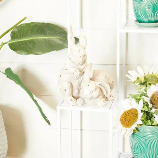 White Farmhouse Rabbits Garden Sculpture, 8" x 9" x 11" {8}