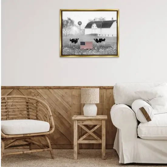 Stupell Industries Americana Barn Country Cows Flag Floater Framed Art Gold {3}