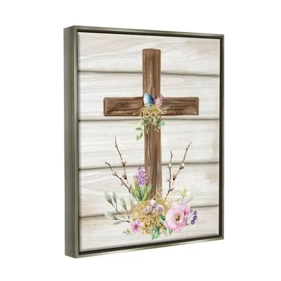 Stupell Industries Spiritual Easter Cross Spring Blossoms Floater Framed Art Gray {4}