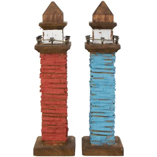 10" Red & Blue Wood Light Housee Sculpture Set {4}