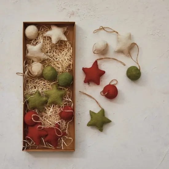 Hello Honey&reg; Handmade Wool Felt Ball & Star Ornament Set in Kraft Box Red/Green/Cream {3}