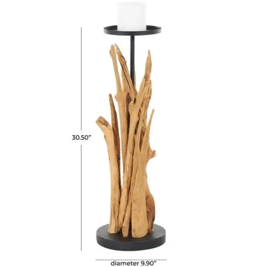 31" Brown Teak Wood Handmade Tall Tree Branch Floor Candle Holder with Black Metal Accents {8}