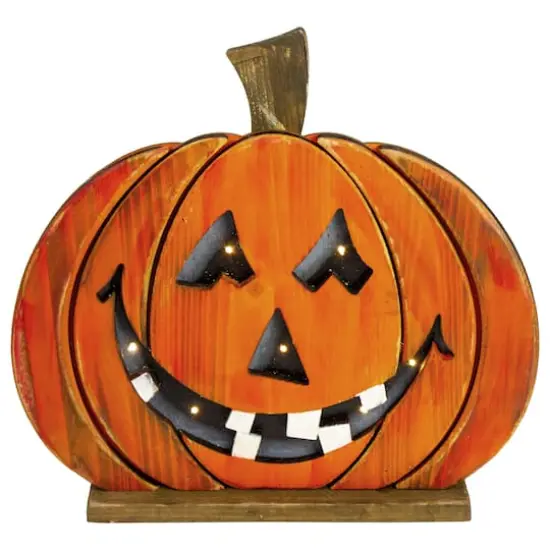 13" LED Lighted Jack-O-Lantern Wooden Halloween Decoration {1}