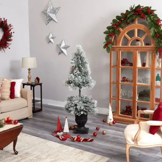 5ft. Pre-Lit Flocked Artificial Christmas Tree in Decorative Urn, White LED Lights {11}
