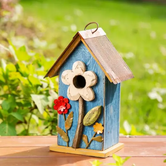 Glitzhome&reg; 10.25" Retro Blue Distressed Flower Birdhouse {4}