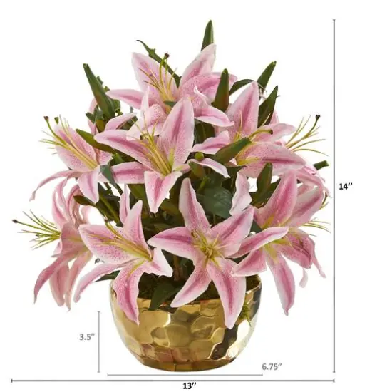 14" Lily Arrangement in Gold Vase Pink {3}