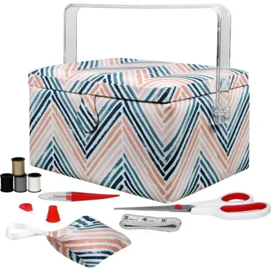 SINGER&reg; Large Teal Zig Zag Print Premium Sewing Basket with Sew Kit {1}