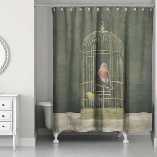 Gold Birdcage with Birds on Green 71" x 74" Shower Curtain {1}