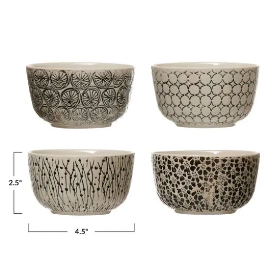 Hello Honey&reg; 4.5" Black & Cream Hand-Stamped Stoneware Bowl with Embossed Pattern, 4ct. {8}