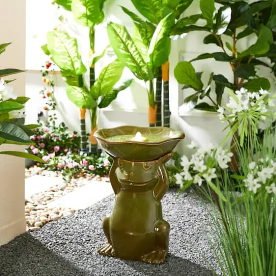 Glitzhome&reg; 21.5" LED Olive Green Frog Holding Lotus Birdbath Ceramic Outdoor Floor Fountain {3}