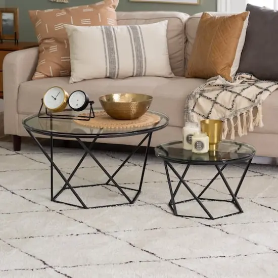 Walker Edison Black Geometric Glass Nesting Tables Set {4}