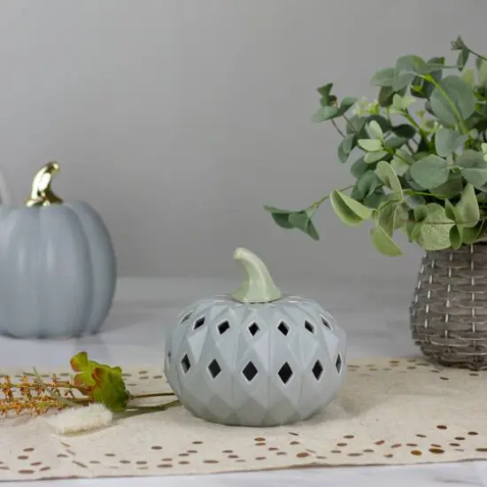 5" Gray & Green Lighted Fall Harvest Ceramic Pumpkin {3}