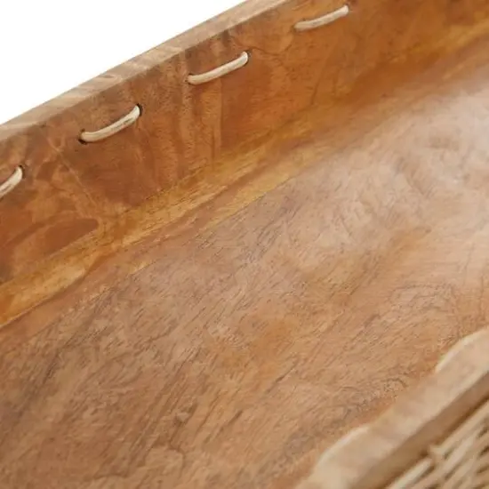 24.5" Brown Handmade Wooden Tray with Woven Seagrass Accent {6}