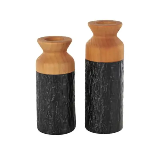 Black & Natural Textured Color Block Metal & Wood Vase Set {1}