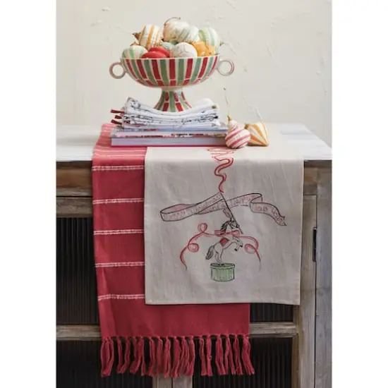 Hello Honey® 72" Red & White Brushed Cotton Flannel Table Runner with Stripes & Fringe {3}