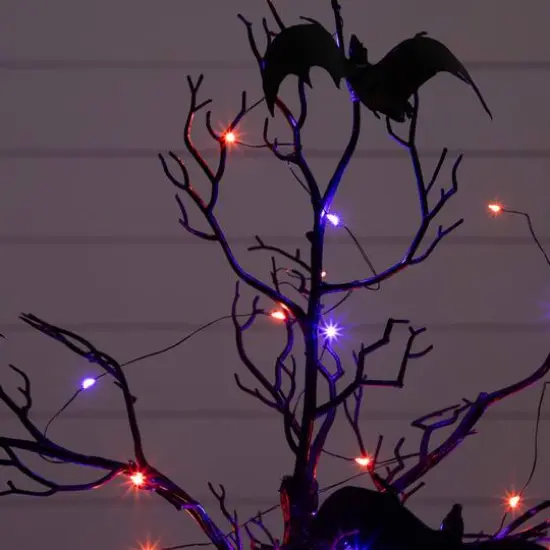 3ft. Pre-Lit Artificial Halloween Black Spooky Twig Tree with Bats and 100 Orange & Purple LED Lights {8}