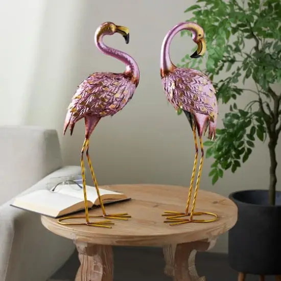25" Pink & Gold Metal Flamingo Garden Sculpture Set with Dimensional Feathers {3}