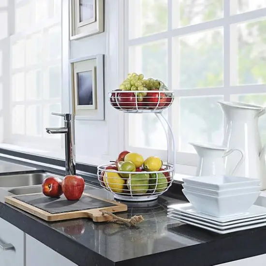 SunnyPoint Classic 2-Tier Wire Basket Bowl Stand with Wooden Base White {4}