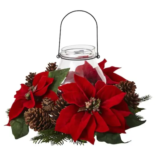 9" Red Poinsettia & Pinecone Candelabrum {1}