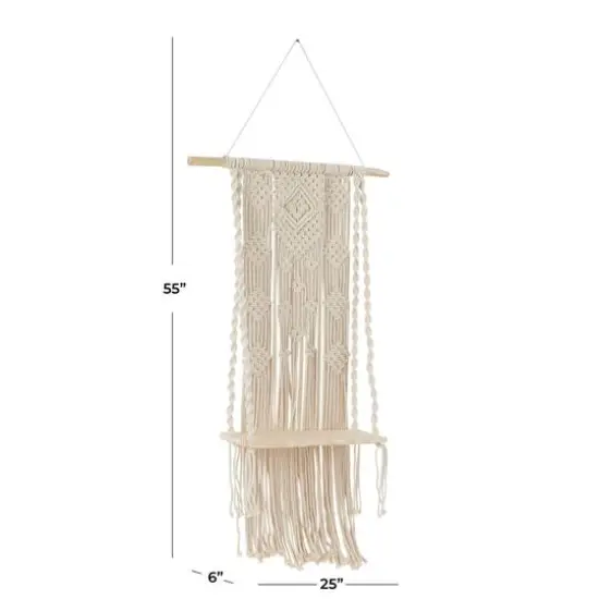 White Cotton Handmade Macrame 1 Shelf Wall Shelf 25" x 6" x 55" {6}