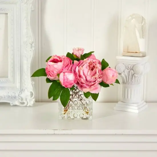 8.5" Pink Peony In Square Textured Glass Vase {6}