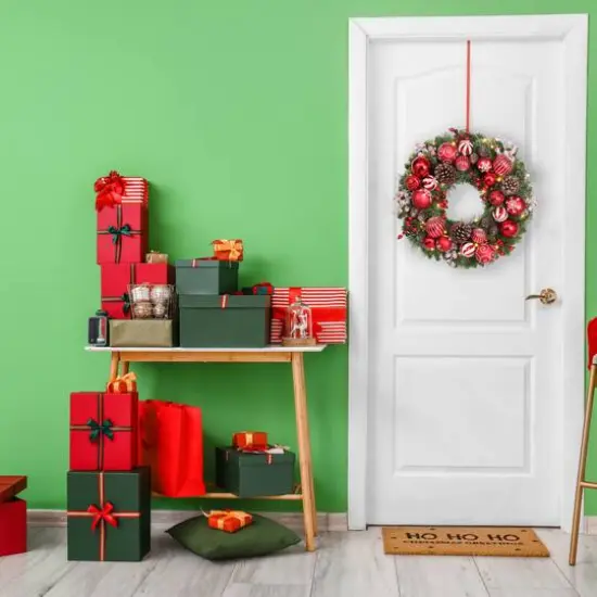 Haute Decor 26" Pre-Lit Holiday Times Red & White Ornament, Berry & Pinecone Wreath, Soft White LED Lights {4}