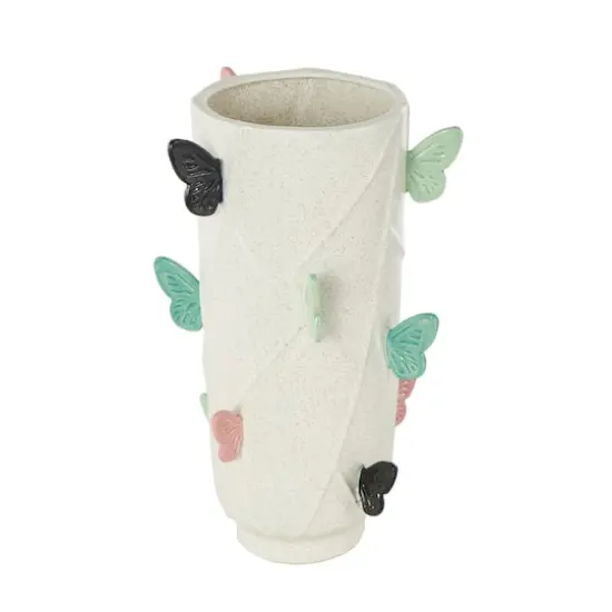 15.75" White Ceramic Butterfly Wide Decorative Vase with Multicolor Accents {3}