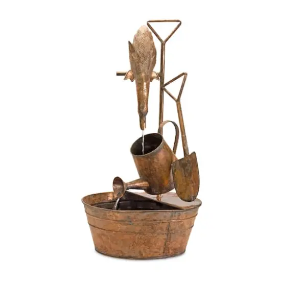 33" Brown Rustic Metal Fountain with Duck & Watering Can {1}