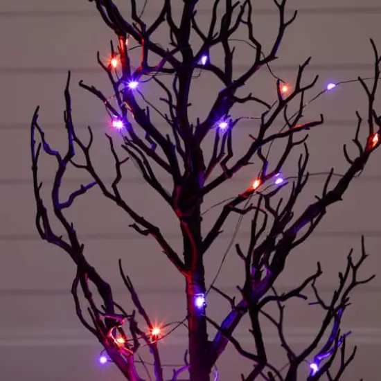 3ft. Pre-Lit Artificial Halloween Black Spooky Twig Tree with 100 Orange & Purple Copper Wire String LED Lights {5}
