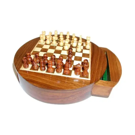 6" Magnetic Round Wood Inlaid Chess Set with Slide Drawer {1}