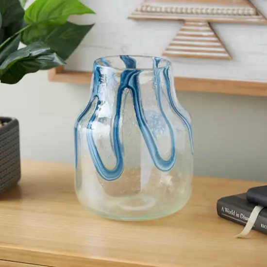 10" Cream with Wavy Blue Design Abstract Glass Vase {3}